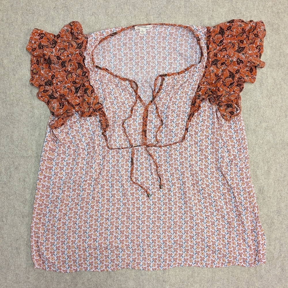 Jane Delancey Multicolor Floral Top Blouse Orange Ruffle Peasant Boho Fall XL